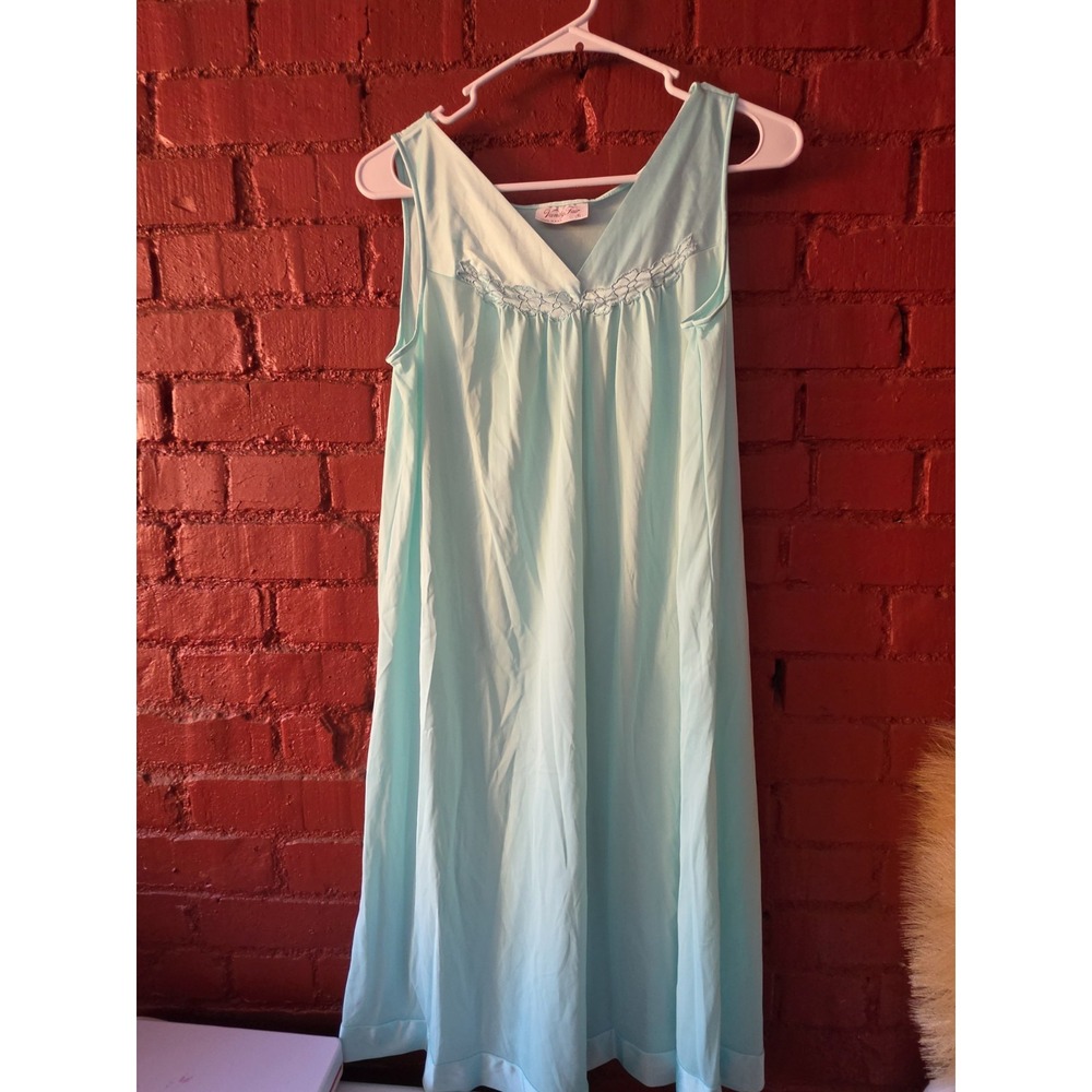 Vanity Fair Vintage S Aqua Mint Nightgown Lace Trim Maxi Slip Dress Nylon...